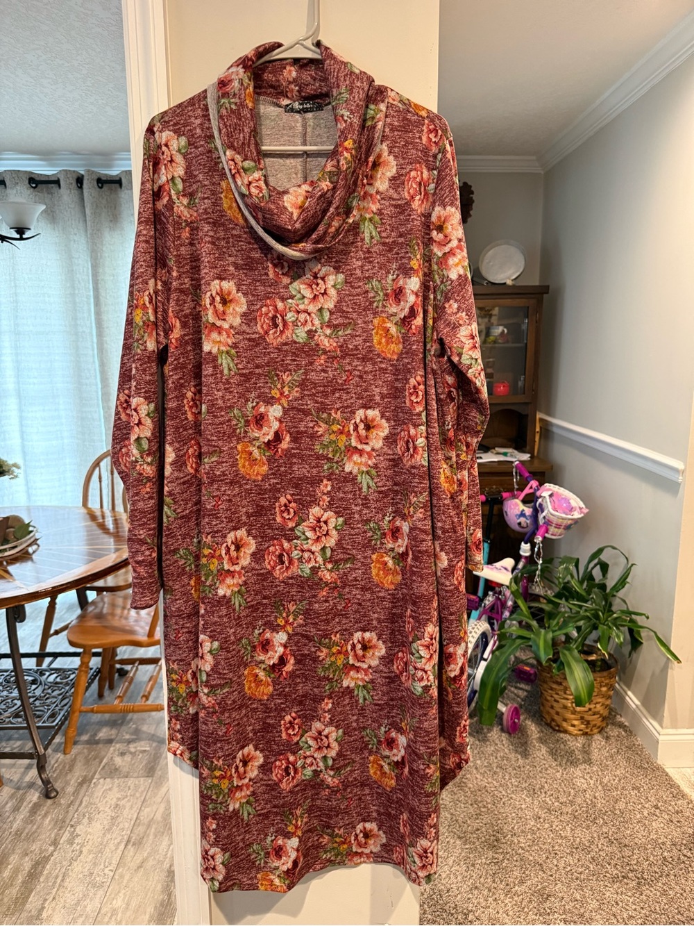 Floral Cowl Neck Burgundy Knit Dress
